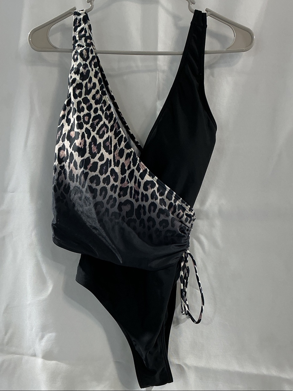SHEIN Black and Leopard-Print Wrap One-Piece Swimsuit